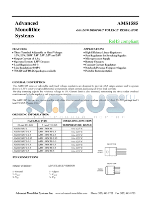AMS1585 datasheet - 4.6A LOW DROPOUT VOLTAGE REGULATOR