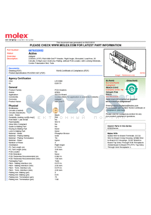 0878332052 datasheet - 2.00mm (.079) Pitch Milli-Grid Header, Right Angle, Shrouded, Lead-free, 20 Circuits, 0.05lm (2l) Gold (Au) Plating, without PCB Locator with Locking Windows