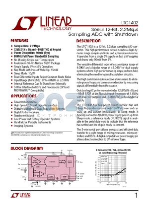 1402 datasheet - Serial 12-Bit, 2.2Msps Sampling ADC with Shutdown