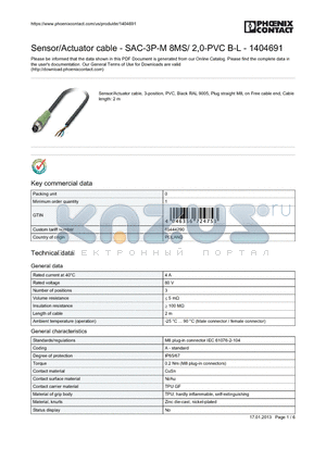 1404691 datasheet - Sensor/Actuator cable - SAC-3P-M 8MS/ 2,0-PVC B-L - 1404691