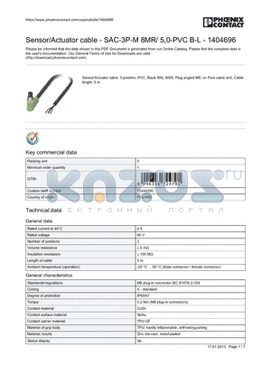1404696 datasheet - Sensor/Actuator cable - SAC-3P-M 8MR/ 5,0-PVC B-L - 1404696