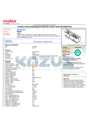 0878335321 datasheet - 2.00mm (.079) Pitch Milli-Grid Header, Right Angle, Shrouded, Lead-free, 14 Circuits, 0.76lm (30l) Gold (Au) Plating, without PCB Locator