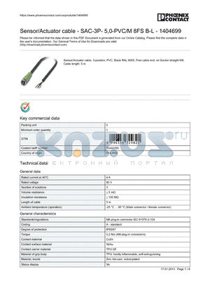 1404699 datasheet - Sensor/Actuator cable - SAC-3P- 5,0-PVC/M 8FS B-L - 1404699