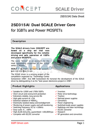 2SD315AI datasheet - Dual SCALE Driver Core for IGBTs and Power MOSFETs