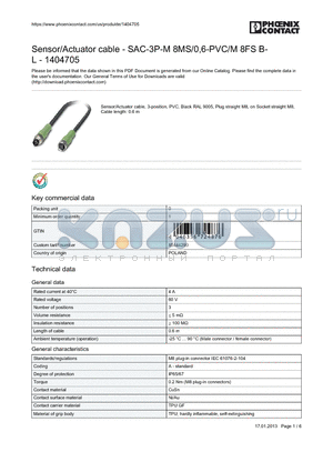 1404705 datasheet - Sensor/Actuator cable - SAC-3P-M 8MS/0,6-PVC/M 8FS BL 1404705