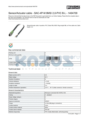 1404709 datasheet - Sensor/Actuator cable - SAC-4P-M 8MS/ 2,0-PVC B-L - 1404709