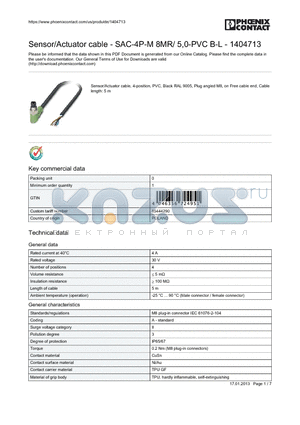 1404713 datasheet - Sensor/Actuator cable - SAC-4P-M 8MR/ 5,0-PVC B-L - 1404713