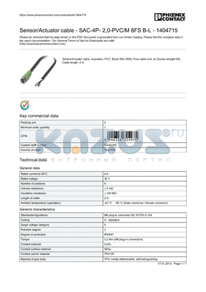1404715 datasheet - Sensor/Actuator cable - SAC-4P- 2,0-PVC/M 8FS B-L - 1404715