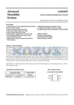 AMS2027 datasheet - SINGLE POWER DISTRIBUTION SWITCH