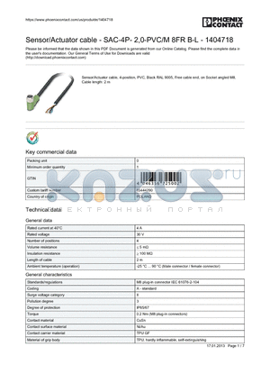 1404718 datasheet - Sensor/Actuator cable - SAC-4P- 2,0-PVC/M 8FR B-L - 1404718