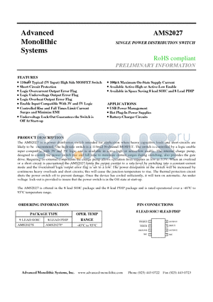 AMS2027P datasheet - SINGLE POWER DISTRIBUTION SWITCH