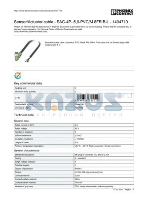 1404719 datasheet - Sensor/Actuator cable - SAC-4P- 5,0-PVC/M 8FR B-L - 1404719