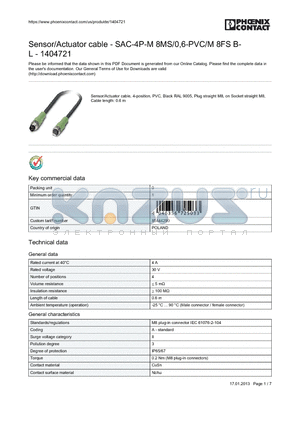 1404721 datasheet - Sensor/Actuator cable - SAC-4P-M 8MS/0,6-PVC/M 8FS BL- 1404721