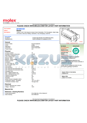 0878681601 datasheet - 1.60mm (.063) Pitch Board-to-Board Panel Detachable, PCB Receptacle, Right Angle, 16 Circuits, Gold (Au) Plating, Lubrication, Tray Packaging, Lead-free