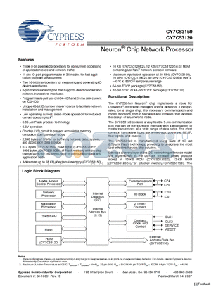 CY7C53150-20AXIT datasheet - Neuron^ Chip Network Processor