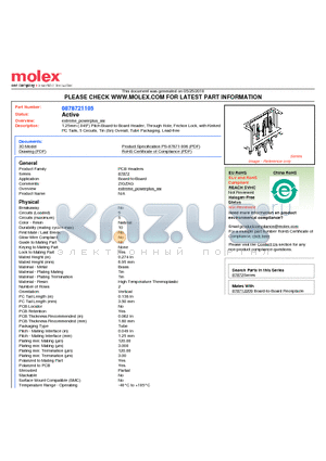 0878721105 datasheet - 1.25mm (.049) Pitch Board-to-Board Header, Through Hole, Friction Lock, with Kinked PC Tails, 5 Circuits, Tin (Sn) Overall, Tube Packaging, Lead-free