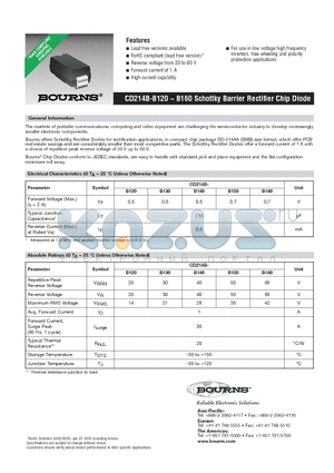 CD214B-B140LF datasheet - CD214B-B120 ~ B160 Schottky Barrier Rectifier Chip Diode