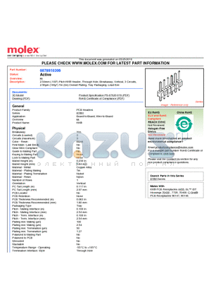 0878910306 datasheet - 2.54mm (.100) Pitch KK^ Header, Through Hole, Breakaway, Vertical, 3 Circuits, 2.50lm (100l) Tin (Sn) Overall Plating, Tray Packaging, Lead-free