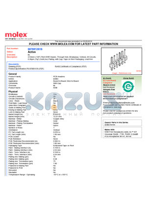 0878912818 datasheet - 2.54mm (.100) Pitch KK^ Header, Through Hole, Breakaway, Vertical, 28 Circuits, 0.38lm (15l) Gold (Au) Plating, with Cap, Tape on Reel Packaging, Lead-free