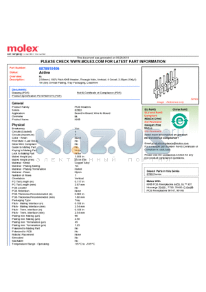 0878910408 datasheet - 2.54mm (.100) Pitch KK^ Header, Through Hole, Vertical, 4 Circuit, 2.50lm (100l) Tin (Sn) Overall Plating, Tray Packaging, Lead-free