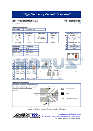 1407DP15A2450 datasheet - (824 - 1990) / 2450 MHz Diplexer