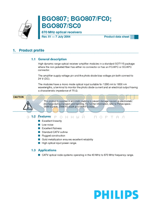 BGO807/FC0 datasheet - 870 MHz optical receivers