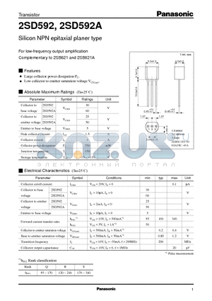 2SD592 datasheet - Silicon NPN epitaxial planer type(For low-frequency output amplification)