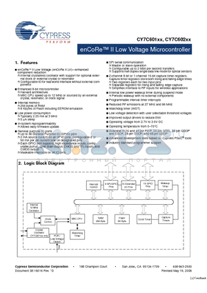 CY7C602XX datasheet - enCoRe II Low Voltage Microcontroller