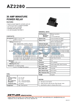 AZ2280 datasheet - 30 AMP MINIATURE POWER RELAY