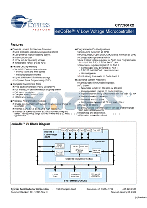 CY7C604XX datasheet - enCoRe V Low Voltage Microcontroller