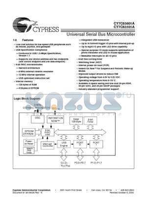 CY7C63001A-XWC datasheet - Universal Serial Bus Microcontroller