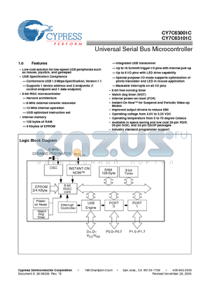 CY7C63101C datasheet - Universal Serial Bus Microcontroller