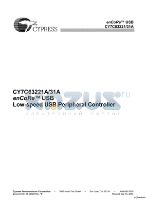 CY7C63221 datasheet - Low-speed USB Peripheral Controller