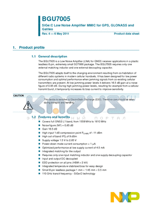 BGU7005_11 datasheet - SiGe:C Low Noise Amplifier MMIC for GPS, GLONASS and Galileo