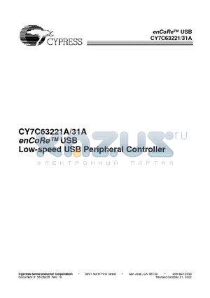CY7C63221A-PC datasheet - enCoRe USB Low-speed USB Peripheral Controller