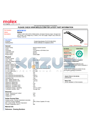 0879190101 datasheet - 1.00mm (.039) Pitch DDR-2 DIMM Socket, 25 Degree Reverse Angle, Through Hole, 240 Circuits, 1.8V Voltage Key, 2.79mm (.110) Tail Length