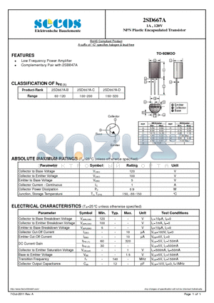 2SD667A datasheet - 1A , 120V NPN Plastic Encapsulated Transistor