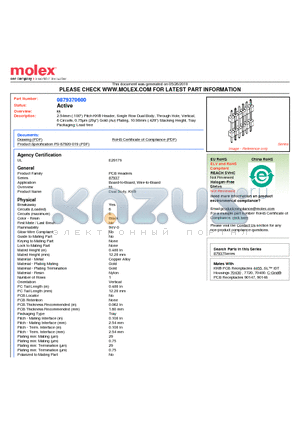 0879370600 datasheet - 2.54mm (.100) Pitch KK^ Header, Single Row Dual Body, Through Hole, Vertical, 6 Circuits, 0.75lm (29l) Gold (Au) Plating, 10.90mm (.429) Stacking Height