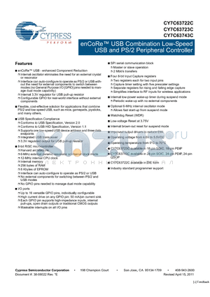 CY7C63722C-XC datasheet - enCoRe USB Combination Low-Speed USB and PS/2 Peripheral Controller