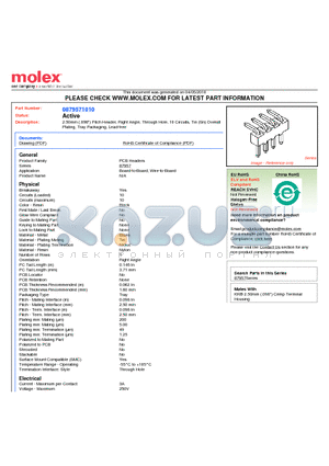 0879571010 datasheet - 2.50mm (.098) Pitch Header, Right Angle, Through Hole, 10 Circuits, Tin (Sn) Overall Plating, Tray Packaging, Lead-free