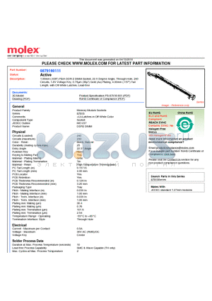 0879160111 datasheet - 1.00mm (.039) Pitch DDR-2 DIMM Socket, 22.5 Degree Angle, Through Hole, 240 Circuits, 1.8V Voltage Key, 0.76lm (30l) Gold (Au) Plating, 4.00mm (.157) Tail Length