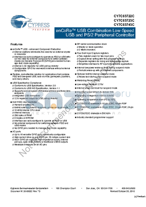 CY7C63723C-SXC datasheet - enCoRe USB Combination Low-Speed USB and PS/2 Peripheral Controller