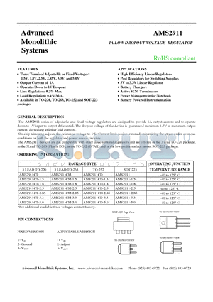 AMS2911-1.8 datasheet - 1A LOW DROPOUT VOLTAGE REGULATOR