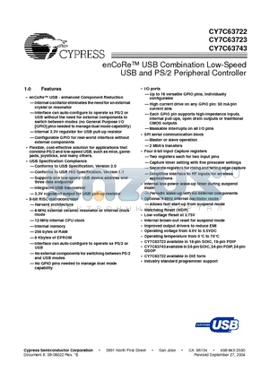 CY7C63723-SXC datasheet - enCoRe USB Combination Low-Speed USB and PS/2 Peripheral Controller