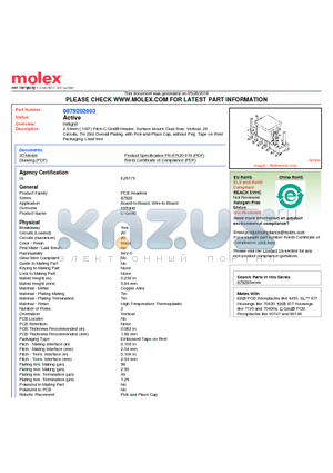 0879202003 datasheet - 2.54mm (.100) Pitch C-Grid^ Header, Surface Mount, Dual Row, Vertical, 20 Circuits, Tin (Sn) Overall Plating, with Pick-and-Place Cap, without Peg