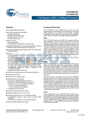 CY7C64113C datasheet - Full-Speed USB (12-Mbps) Function