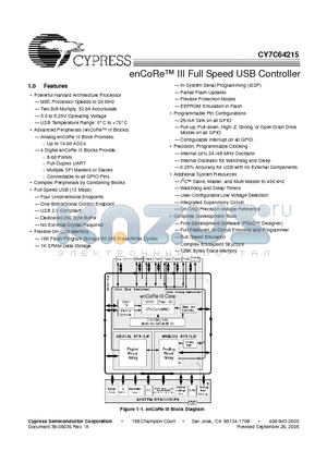 CY7C64215-56LFXC datasheet - enCoRe III Full Speed USB Controller