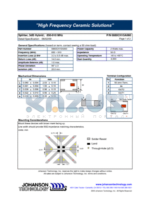 0880CH15A060 datasheet - Splitter, 3dB Hybrid; 850-910 MHz