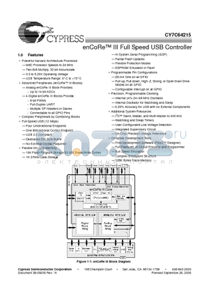 CY7C64215 datasheet - enCoRe III Full Speed USB Controller