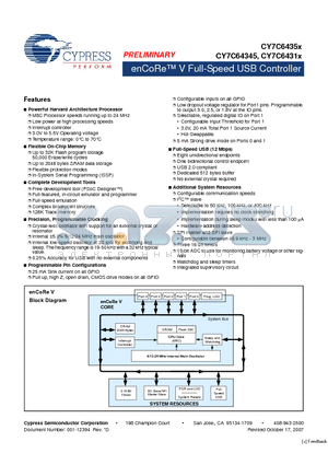 CY7C64345 datasheet - enCoRe V Full-Speed USB Controller